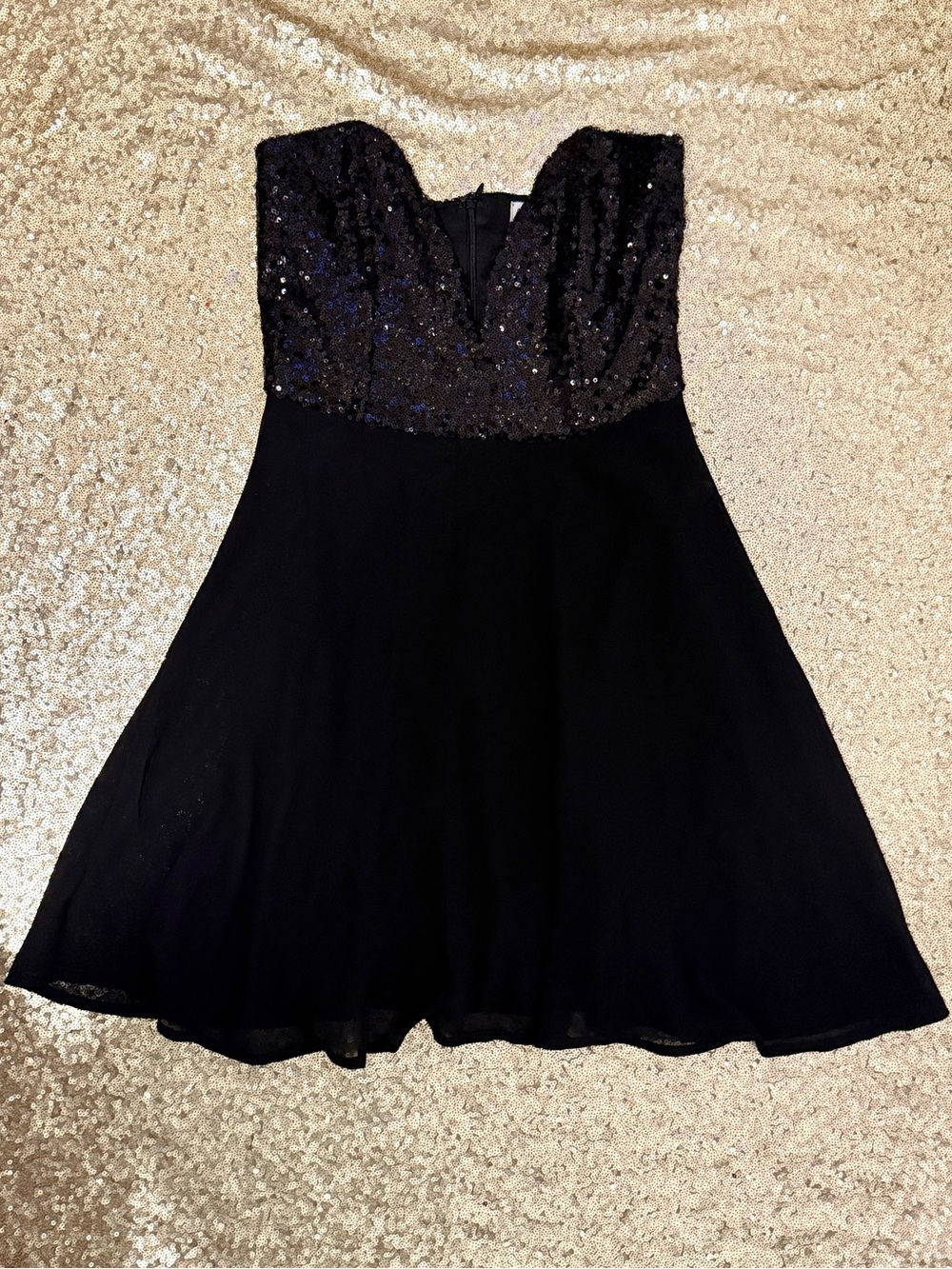 Deep V Neck Strapless Black Sequin Mini Skater Dress Small